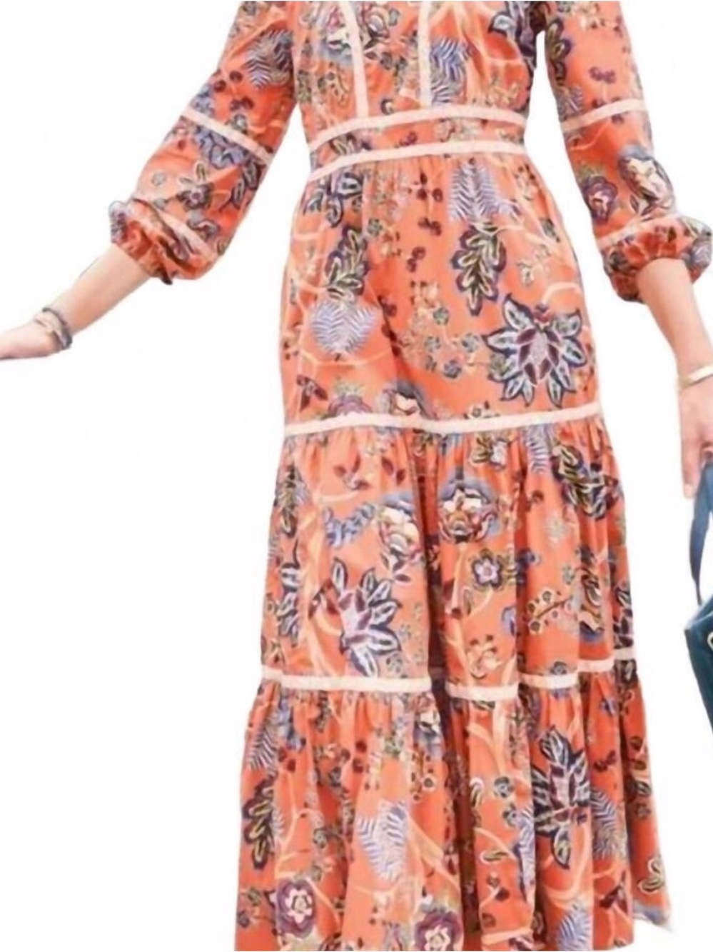 Spartina 449 Nicolette Dusty Orange Floral Midi Dress with Cream Trim